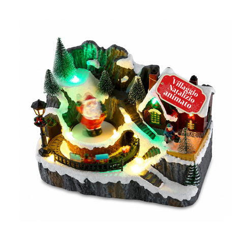 saint joy litville villaggio di natale illuminato led con trenino in movimento e babbo natale rotante 8 melodie natalizie 23x15x18 cm a batteria ean 8050043127709