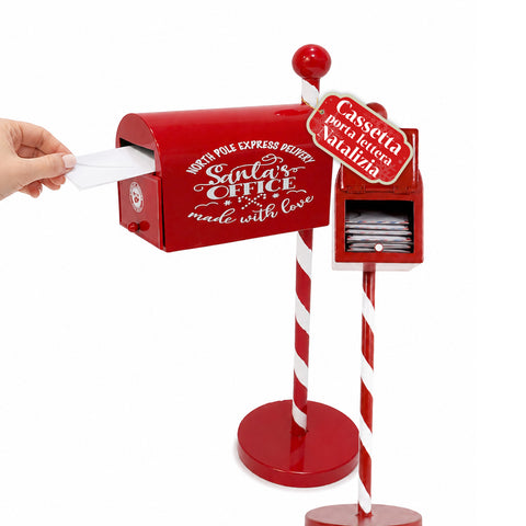 NorthPost Portalettere Natalizio da Terra in Metallo Rosso, Palo a Righe, Sportello Apribile per Raccogliere le Letterine di Natale