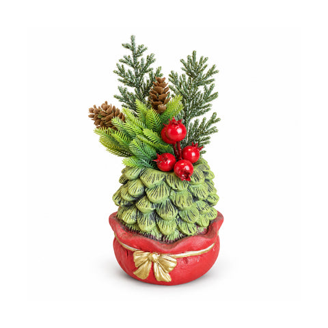 Piantina ornamentale con alberello 20 cm, decorazione natalizia da tavolo con pigne, bacche rosse e fiocco in rilievo, 2 varianti rosso e oro