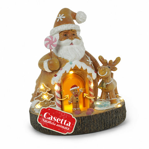 Santa Ginger - Decorazione Natalizia Babbo Natale Pan di Zenzero Santa Ginger con Luci LED, Musica e Porta Apribile, Casetta Luminosa in Resina 20,6 cm