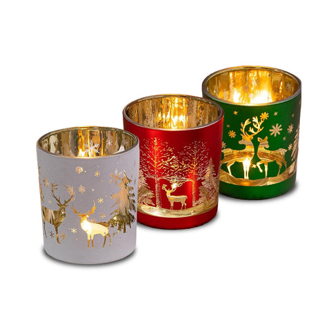 Set di 3  Portacandele Decorativi in Edizione Limitata Natalizia in Vetro