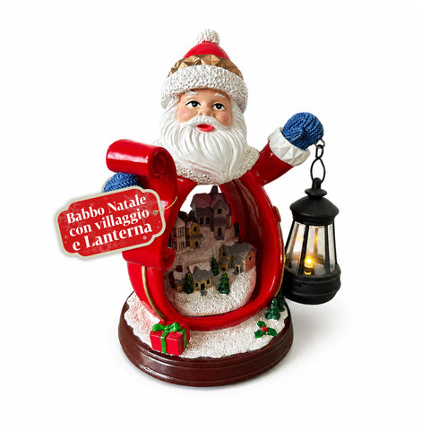 Statuina Babbo Natale con Villaggio e Lanterna in Resina 16x19 cm