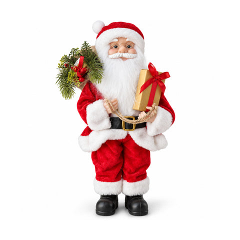 Statuina natalizia Babbo Natale e Mamma Natale h45cm, decorazione per casa, negozio e vetrine, 3 varianti assortite con rametti di pino e pigne