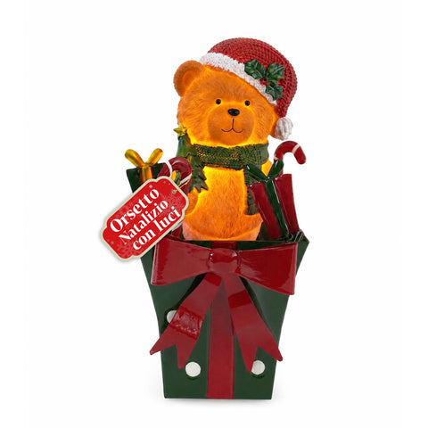 Teddy BearGift, orsetto natalizio luminoso in scatola regalo, luce LED calda, dimensioni 15x15x25,5 cm, alimentazione a batterie