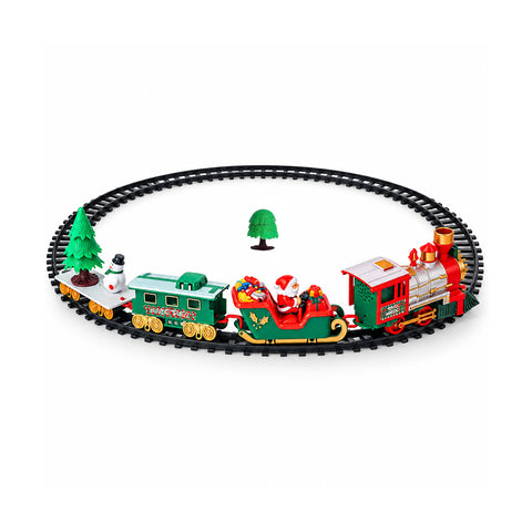 Trenino natalizio elettronico con pista modulare, slitta di Babbo Natale e vagone, luci e suoni, 3 configurazioni pista, 22 pezzi