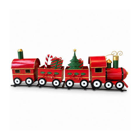 Trenino natalizio decorativo da pavimento 130 cm, con vagoni carichi di regali e alberello LED a batteria