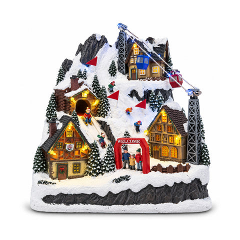 Villaggio di Natale Luminoso con Scivolo in Movimento, Funivia, Luci LED e Musica Natalizia – 28x19x32 cm