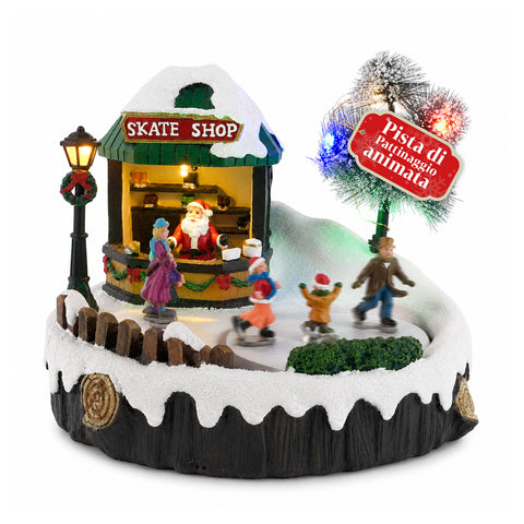 Villaggio di Natale luminoso GlideRink, pista di pattinaggio animata con musica e luci LED, decorazione in resina 20,8x20,7x17,2 cm, a batterie AA