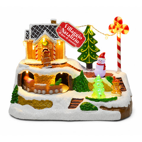 Villaggio Natalizio Luminoso Candy Town con Trenino in Movimento e 8 Melodie, Casetta Pan di Zenzero LED, Decorazione Natale 23,5 cm