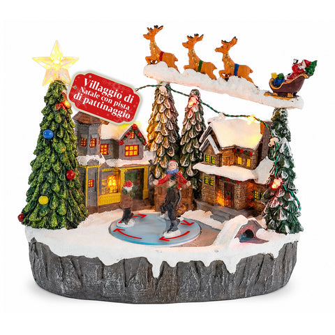 Villaggio Natalizio Luminoso Snowtime con Pista di Pattinaggio Animata, Luci LED e Musica, Slitta di Babbo Natale, Polyresin 21,5x15,8x22,5 cm
