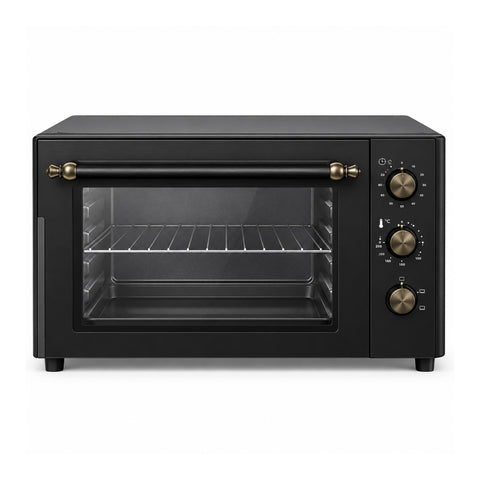 Forno elettrico da banco 70 litri con termostato regolabile, timer con allarme, luce interna, maniglia in acciaio e finitura nera opaca