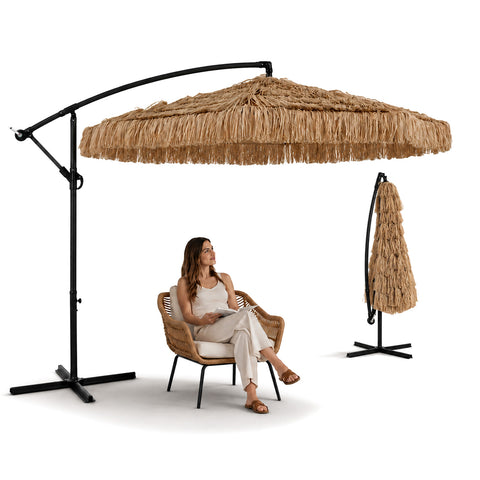 Ombrellone Lampara da Giardino Effetto Rafia – Altezza 2,75m con Struttura in Acciaio al Carbonio con Manovella e Sostegno a Croce