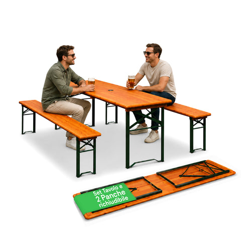 zendea set tavolo e 2 panche pieghevoli da giardino 120cm in legno con struttura in ferro e foro ombrellone 5cm portata tavolo 200kg ean 8050030810768