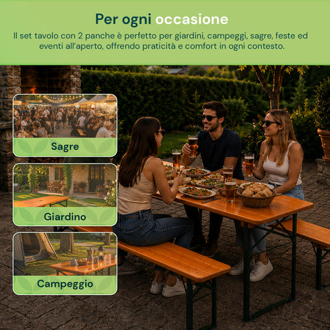 zendea set tavolo e 2 panche pieghevoli da giardino 120cm in legno con struttura in ferro e foro ombrellone 5cm portata tavolo 200kg ean 8050030810768