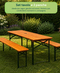zendea set tavolo e 2 panche pieghevoli da giardino 120cm in legno con struttura in ferro e foro ombrellone 5cm portata tavolo 200kg ean 8050030810768