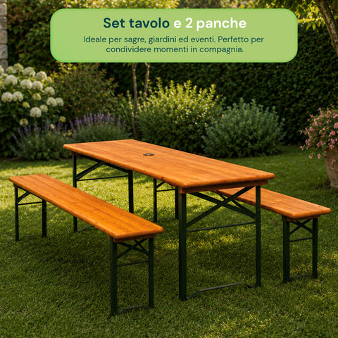 zendea set tavolo e 2 panche pieghevoli da giardino 120cm in legno con struttura in ferro e foro ombrellone 5cm portata tavolo 200kg ean 8050030810768