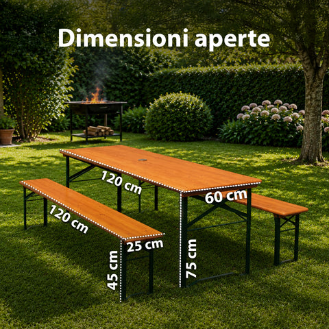zendea set tavolo e 2 panche pieghevoli da giardino 120cm in legno con struttura in ferro e foro ombrellone 5cm portata tavolo 200kg ean 8050030810768