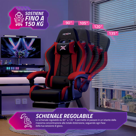 nexor sedia gaming reclinabile con poggiapiedi estraibile cuscino lombare e poggiatesta ean 8052879011771