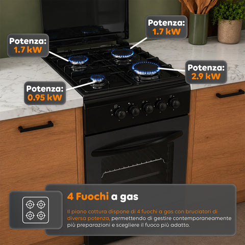wintem cucina a gas 50x50 cm con forno a gas 49 litri 4 fuochi di diversa potenza valvole di sicurezza e coperchio ean 8056819078930