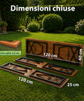 zendea set tavolo e 2 panche pieghevoli da giardino 120cm in legno con struttura in ferro e foro ombrellone 5cm portata tavolo 200kg ean 8050030810768