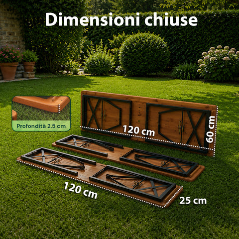 zendea set tavolo e 2 panche pieghevoli da giardino 120cm in legno con struttura in ferro e foro ombrellone 5cm portata tavolo 200kg ean 8050030810768