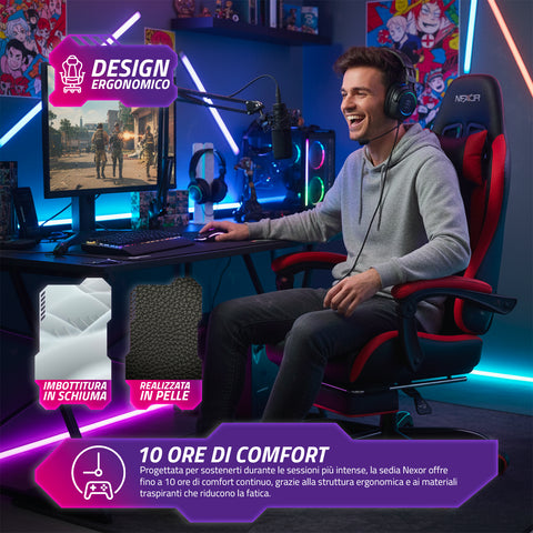nexor sedia gaming reclinabile con poggiapiedi estraibile cuscino lombare e poggiatesta ean 8052879011771