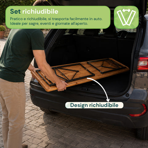 zendea set tavolo e 2 panche pieghevoli da giardino 120cm in legno con struttura in ferro e foro ombrellone 5cm portata tavolo 200kg ean 8050030810768