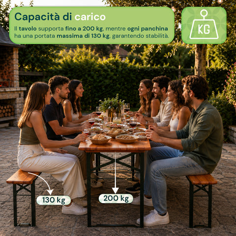 zendea set tavolo e 2 panche pieghevoli da giardino 120cm in legno con struttura in ferro e foro ombrellone 5cm portata tavolo 200kg ean 8050030810768