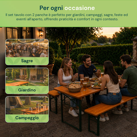 zendea set tavolo e 2 panche pieghevoli da giardino 120cm in legno con struttura in ferro e foro ombrellone 5cm portata tavolo 200kg ean 8050030810768