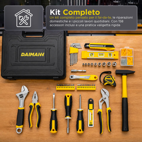 daimann set attrezzi da lavoro 158 pezzi con valigetta cricchetto martello e pinze ad impugnatura ergonomica ean 8056590070444