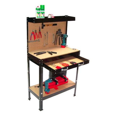 Banco Da Lavoro 2 Ripiani E 1 Cassetto In Acciaio Con Schienale 12 Ganci In Mdf 90x48x140cm