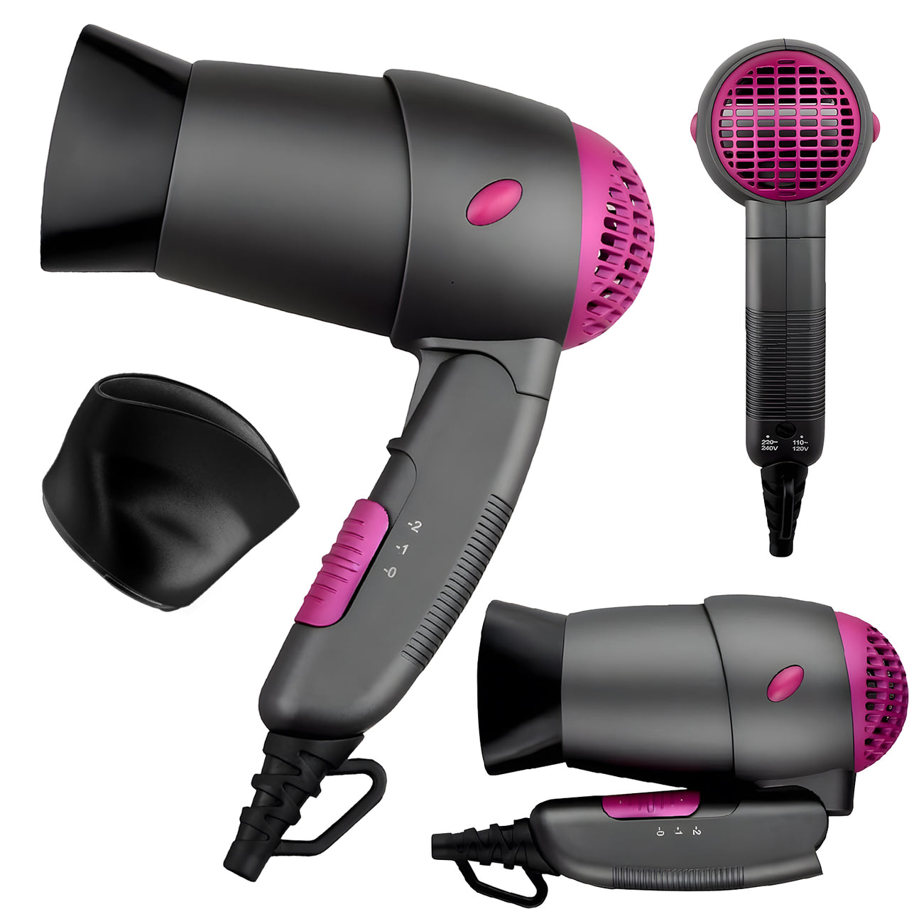 Set completo asciugacapelli Zephir 1200W da viaggio con beccuccio concentratore, manico pieghevole e design compatto per beauty case