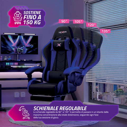 nexor sedia gaming reclinabile con poggiapiedi estraibile cuscino lombare e poggiatesta ean 8052879011771