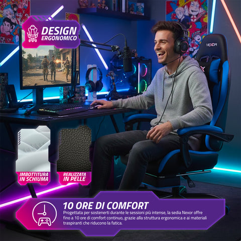 nexor sedia gaming reclinabile con poggiapiedi estraibile cuscino lombare e poggiatesta ean 8052879011771