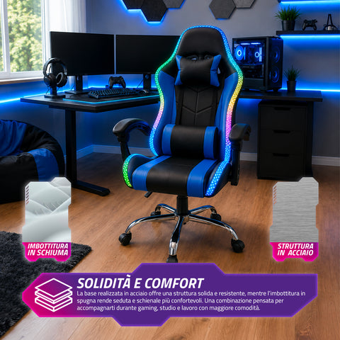 nexor sedia gaming ergonomica con luci rgb e cuscino lombare massaggiante poltrona ufficio reclinabile con telecomando ean 8056819078855