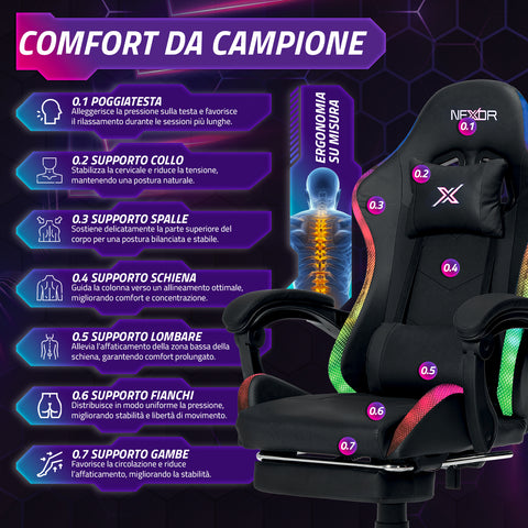 nexor sedia gaming reclinabile con poggiapiedi estraibile cuscino lombare e poggiatesta ean 8052879011771
