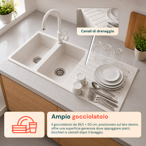 avilia home lavello cucina a due vasche con o senza gocciolatoio bianco o nero rubinetto incluso ean 8056819079098