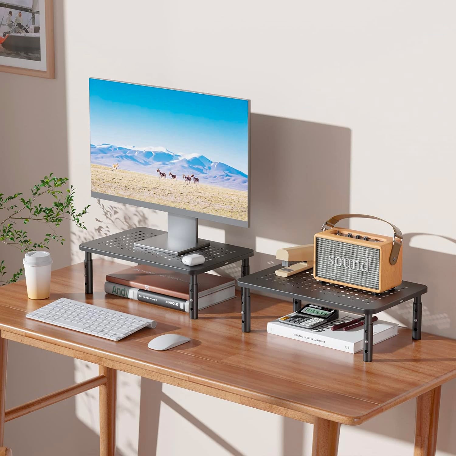 Supporto Per Monitor Con Ricarica E Luci LED | Alzatina Da Scrivania Regolabile Con Presa Multipla E Porta Telefono | Nero