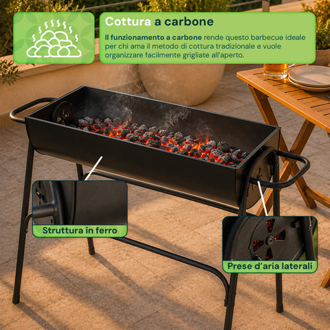 zendea barbecue a carbone e legna in acciaio con gambe alte braciere 74x38 cm e griglia 70x34 cm ad ampia superficie di cottura ean 8056819079531