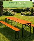 zendea set tavolo e 2 panche pieghevoli da giardino 120cm in legno con struttura in ferro e foro ombrellone 5cm portata tavolo 200kg ean 8050030810768