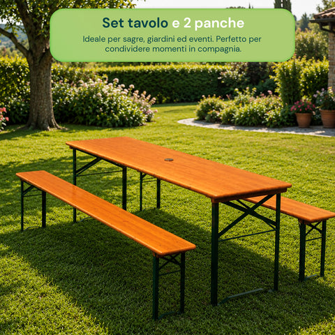 zendea set tavolo e 2 panche pieghevoli da giardino 120cm in legno con struttura in ferro e foro ombrellone 5cm portata tavolo 200kg ean 8050030810768