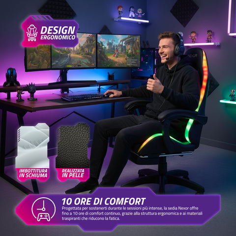 nexor sedia gaming reclinabile con poggiapiedi estraibile cuscino lombare e poggiatesta ean 8052879011771