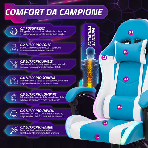 nexor sedia gaming ergonomica con luci rgb e cuscino lombare massaggiante poltrona ufficio reclinabile con telecomando ean 8056819078855
