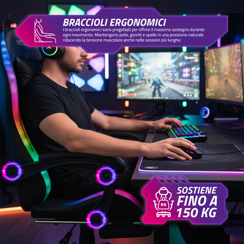 nexor sedia gaming reclinabile con poggiapiedi estraibile cuscino lombare e poggiatesta ean 8052879011771