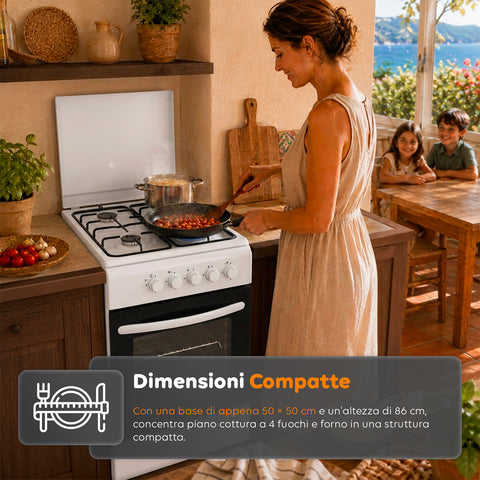 wintem cucina a gas 50x50 cm con forno a gas 49 litri 4 fuochi di diversa potenza valvole di sicurezza e coperchio ean 8056819078930