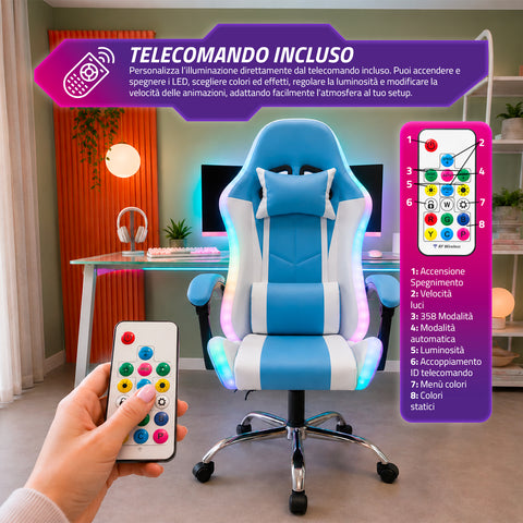 nexor sedia gaming ergonomica con luci rgb e cuscino lombare massaggiante poltrona ufficio reclinabile con telecomando ean 8056819078855