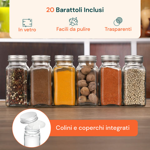 avilia portaspezie estraibile da armadietto con 20 barattoli in vetro ed etichette ean 8056819053562