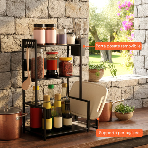 avilia scaffale da cucina 3 livelli in ferro con porta utensili e supporto tagliere ean 8056819053531