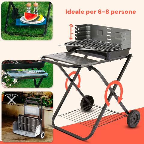 garden friend barbecue pieghevole in acciaio smaltato nero con ruote 60x80x84cm ean 8023755029548
