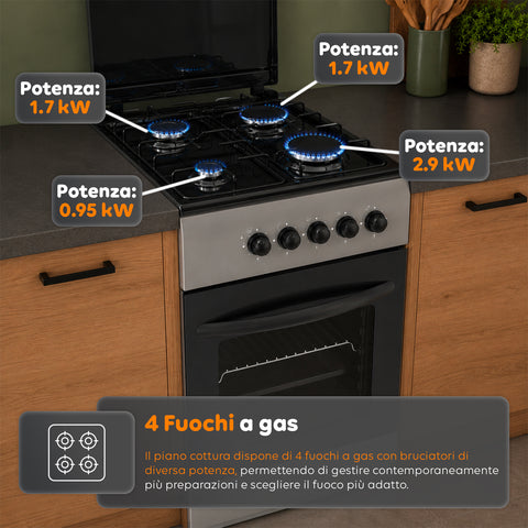 wintem cucina a gas 50x50 cm con forno a gas 49 litri 4 fuochi di diversa potenza valvole di sicurezza e coperchio ean 8056819078930